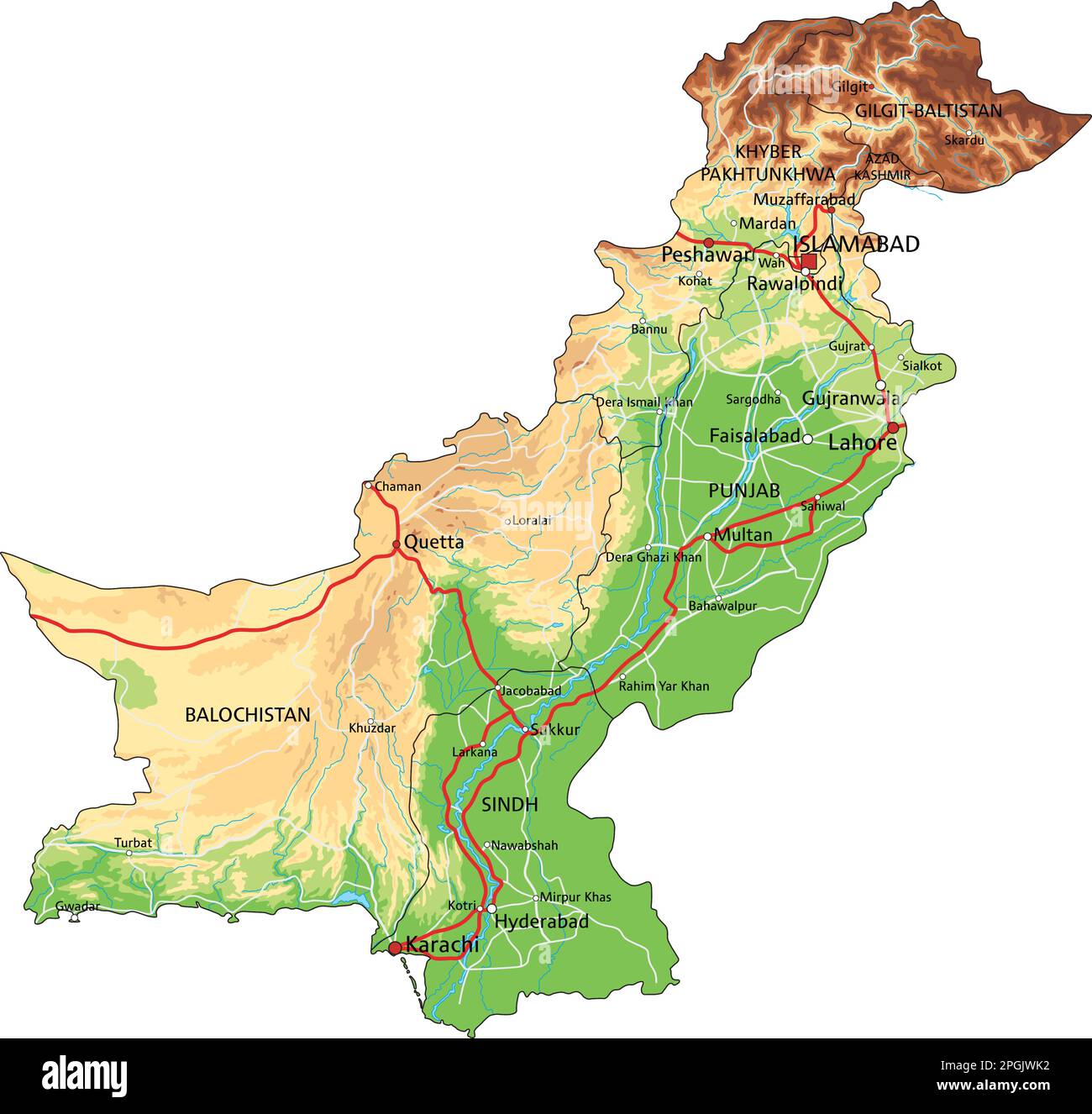 Sehr detaillierte physikalische Karte Pakistans mit Beschriftung. Stock Vektor