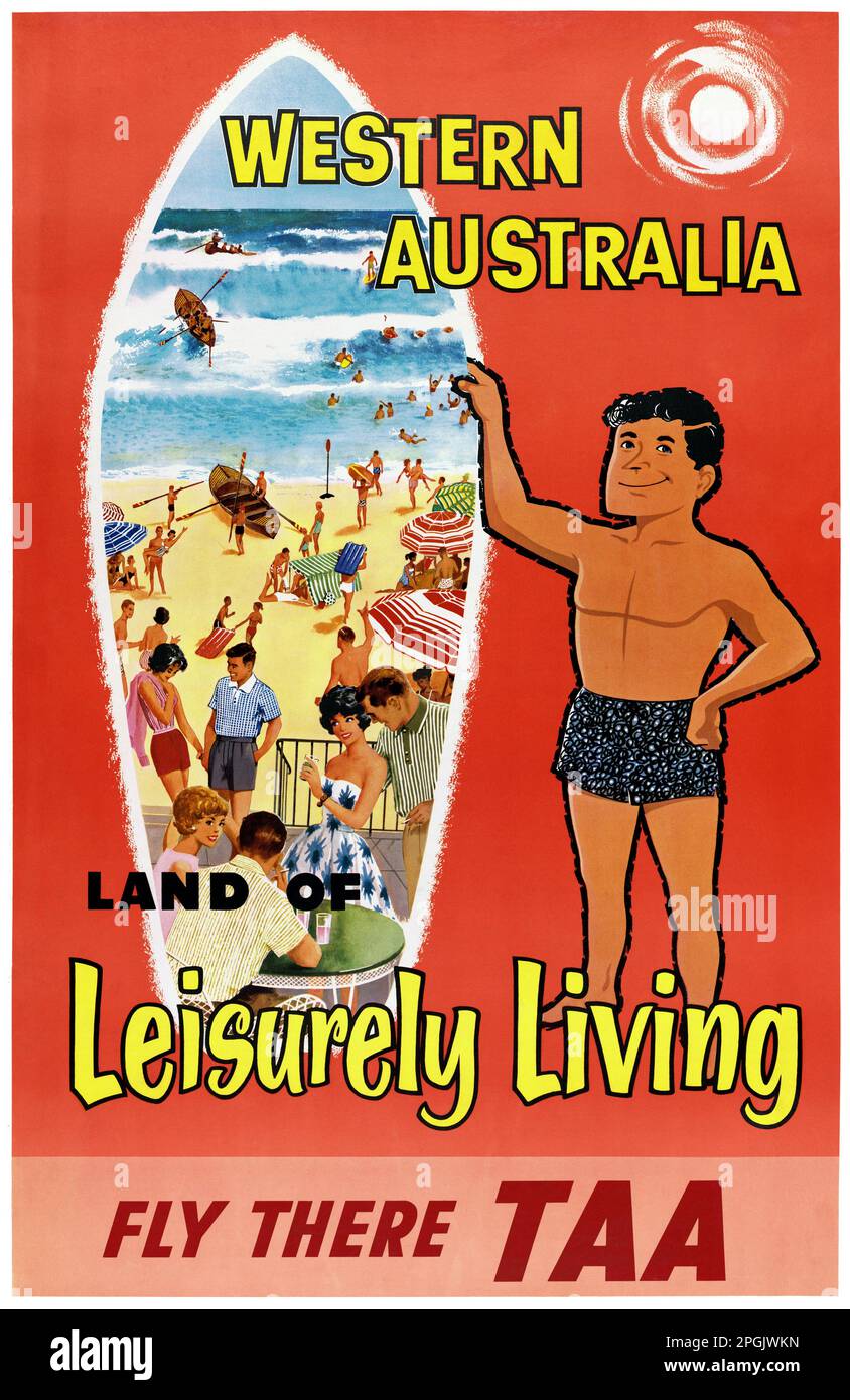 Westaustralien. Land des gemütlichen Lebens. Fliegen Sie dorthin, TAA. Künstler unbekannt. Poster in den 1960er in Australien veröffentlicht. Stockfoto