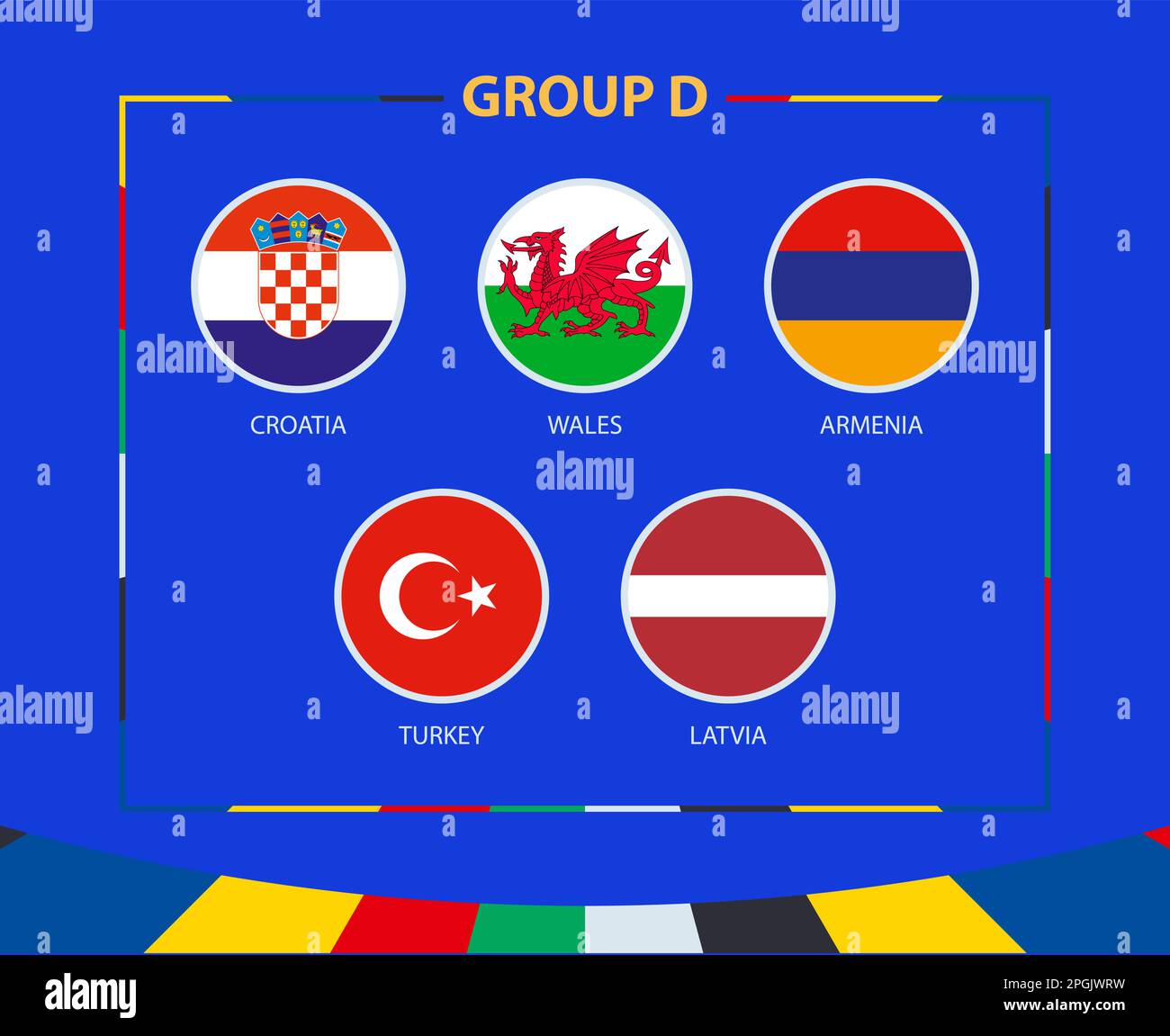 Flaggen der Gruppe D. Teilnehmer an qualifizierenden europäischen Fußballturnieren 2024. Fußball-Vektorhintergrund. Stock Vektor