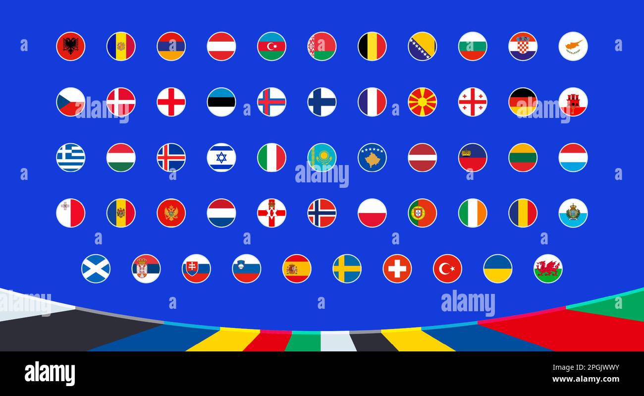 Die Flaggen qualifizierender 2024-Teilnehmer des europäischen Fußballturniers werden alphabetisch aufgelistet. Kreissymbole des Landes. Stock Vektor