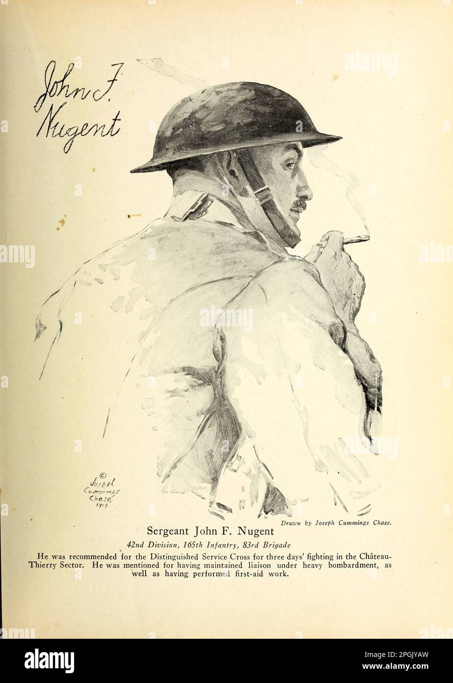 Sergeant John F. Nugent, 42. Division, 165. Infanterie, 83. Brigade. Er wurde für das Distinguished Service Cross empfohlen, für drei Tage Kämpfe im Chateau-Thierry-Sektor. Er wurde erwähnt, weil er unter schweren Bombardements die Verbindung aufrechterhalten und erste-Hilfe-Arbeiten aus dem Buch " Deeds of Heroism and Tapvery : the Book of Heroes and Personal Daring " von Elwyn Alfred Barron und Rupert Hughes, Publication Date 1920 Publisher New York: Herausgeber Von Harper & Brothers Stockfoto