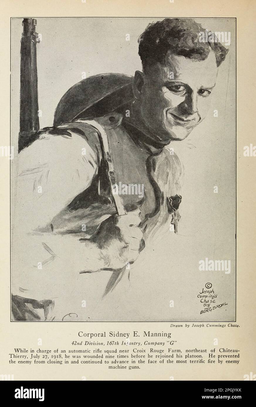 Corporal Sidney E. Manning 42. Divuion, 167. Infanterie, Kompanie 'G', während er ein automatisches Gewehrteam in der Nähe der Croix Rouge Farm, nordöstlich von Chateau-Thierry, am 27. Juli 1918 leitete, wurde er neun Mal verwundet, bevor er wieder zu seinem Zug kam. Er verhinderte, dass sich der Feind nähert und machte weiter, angesichts des größten Feuers, durch feindliche Maschinengewehre aus dem Buch " Heldentaten und Tapferkeit: The book of Heroes and Personal Daring " von Elwyn Alfred Barron and Rupert Hughes, Publication Date 1920 Publisher New York : Harper & Brothers Publishers Stockfoto