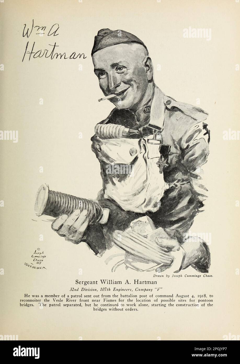 Sergeant William A. Hartman, 32. Division, 107. Ingenieure, Kompanie F Er war Mitglied einer Patrouille, die vom Bataillonsposten des Kommandos am 4. August 1918 aus entsandt wurde, um die Vesle-Front bei Fismes zu erkunden, um mögliche Orte für Pontonbrücken zu finden. Die Patrouille trennte sich, aber er arbeitete weiter allein und begann ohne Befehl mit dem Bau der Brücken. Aus dem Buch " Deeds of Heroism and Tapvery : the book of Heroes and Personal Daring " von Elwyn Alfred Barron und Rupert Hughes, Publication Date 1920 Publisher New York : Harper & Brothers Publishers Stockfoto