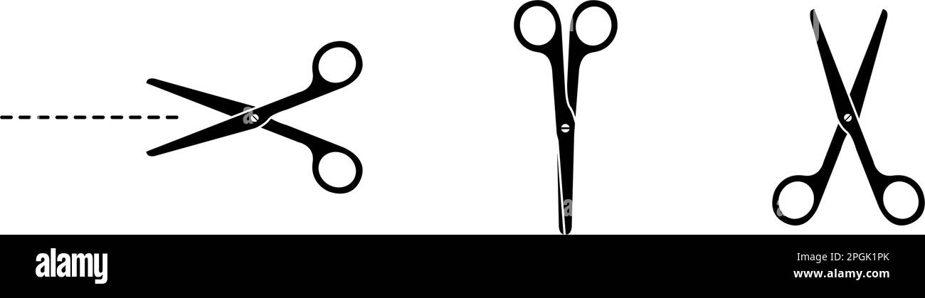 Symbolsatz aus Schere und Schnittlinie. Abbildung eines flachen Vektors Stock Vektor