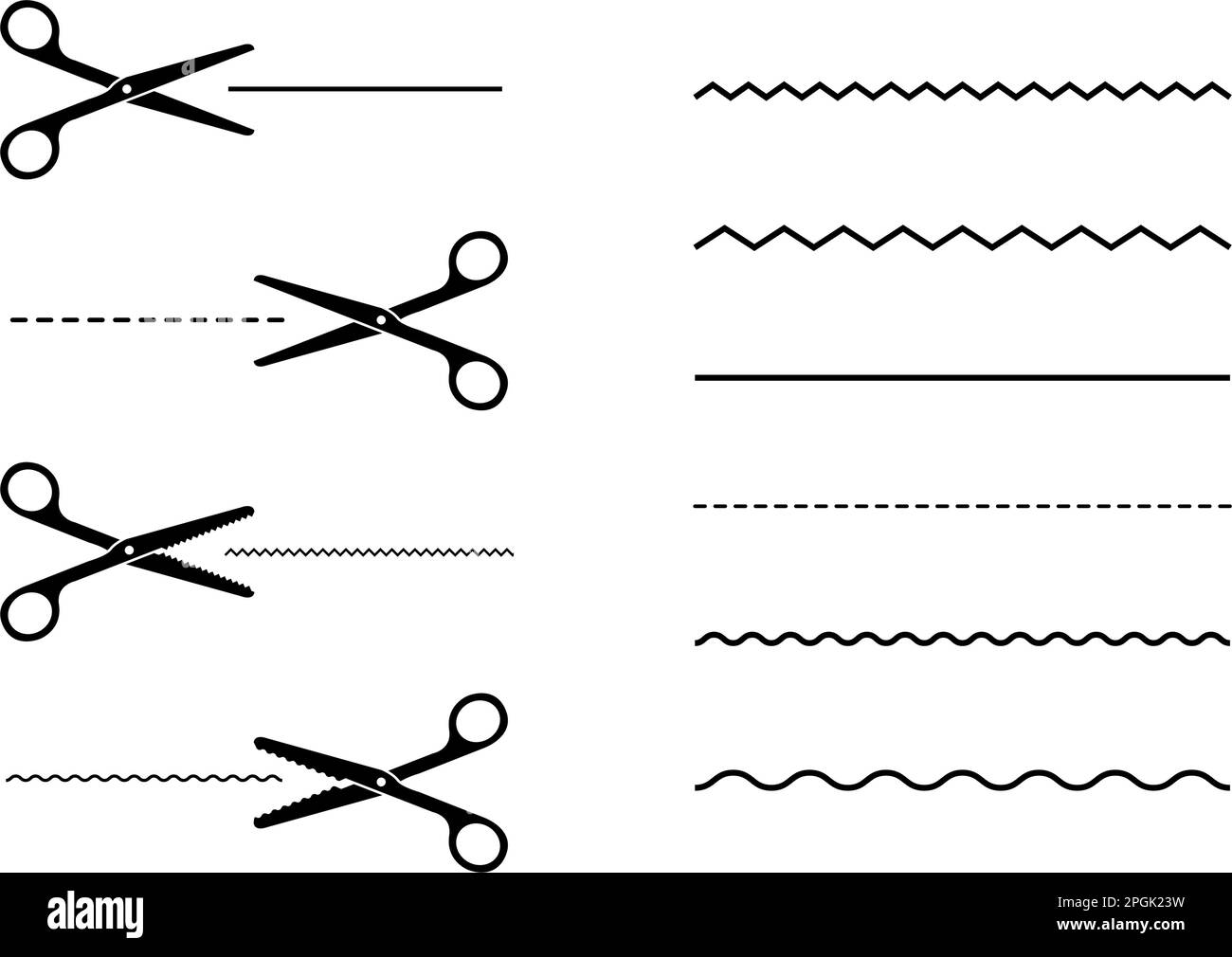 Symbolsatz mit schwarzen Scheren mit verschiedenen Schnittlinien. Abbildung eines flachen Vektors Stock Vektor