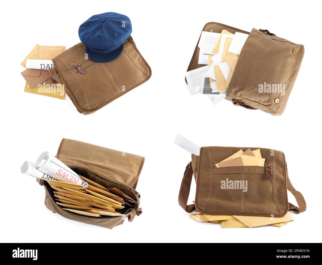 Set mit verschiedenen Brieftaschen mit E-Mails und Zeitungen auf weißem Hintergrund, Draufsicht Stockfoto