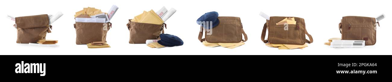 Set mit verschiedenen Brieftaschen mit E-Mails und Zeitungen auf weißem Hintergrund. Bannerdesign Stockfoto