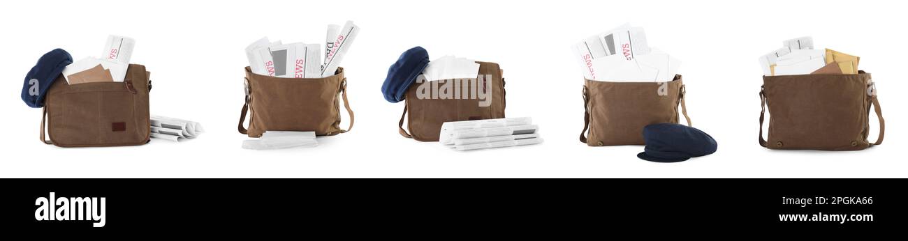 Set mit verschiedenen Brieftaschen mit E-Mails und Zeitungen auf weißem Hintergrund. Bannerdesign Stockfoto