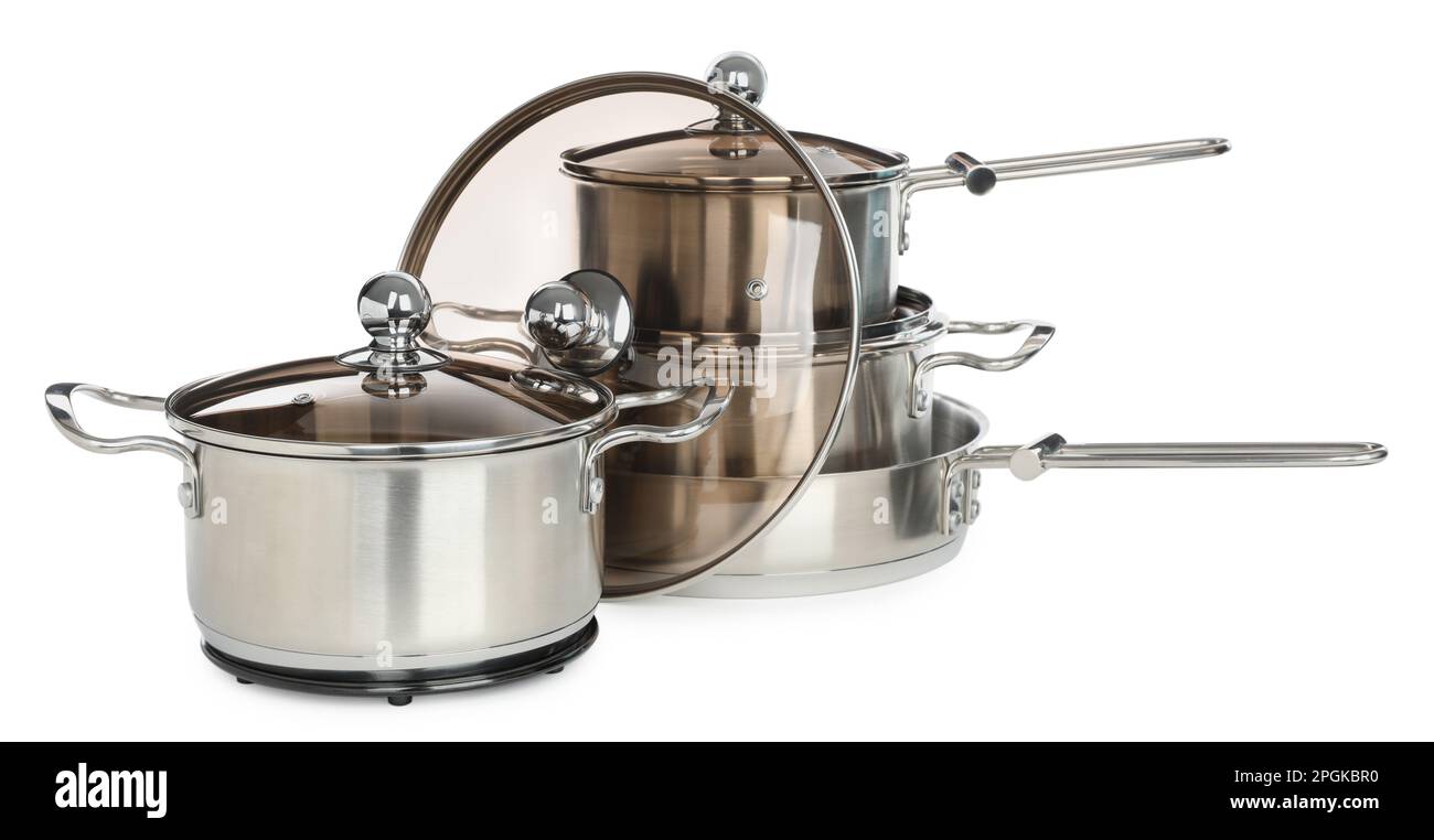 Set aus Kochgeschirr aus Edelstahl auf weißem Hintergrund Stockfoto