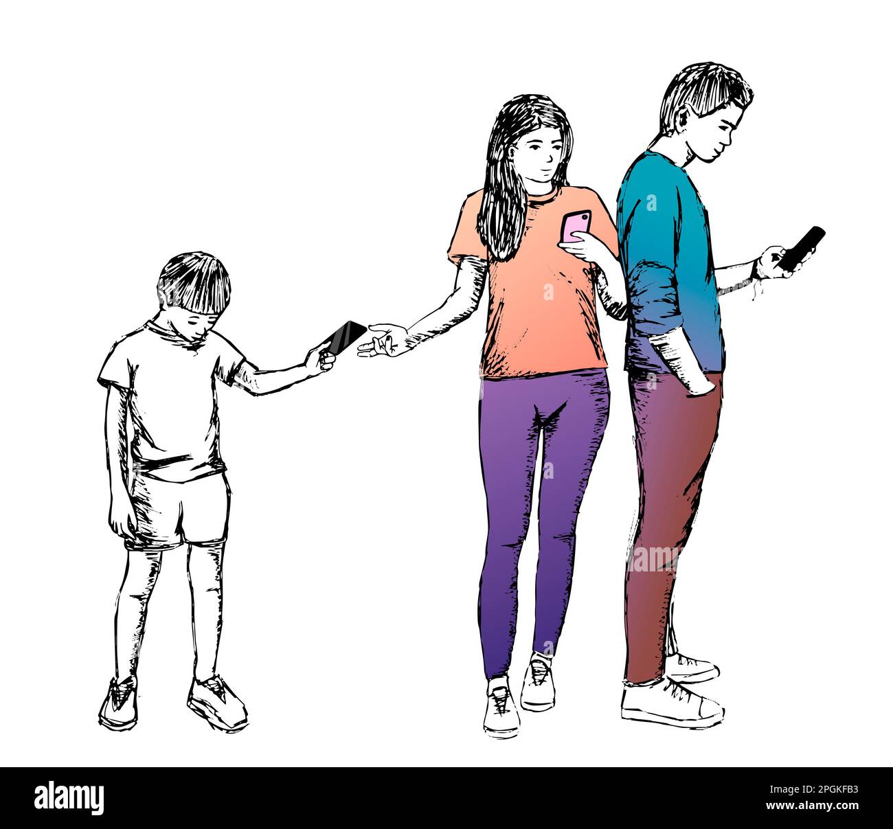 Manchmal sind Eltern scheinheilig, wenn sie ihre Kinder und Teenager dafür bestrafen, dass sie ihr Handy zu oft benutzen. Stockfoto