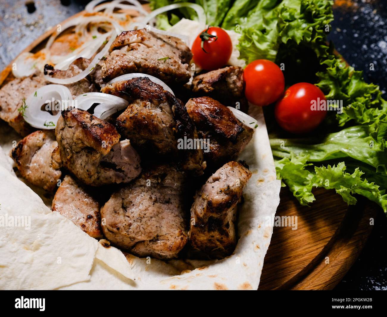 Schaschlik-Gemüse-Background, kaukasische Fleischgerichte Stockfoto
