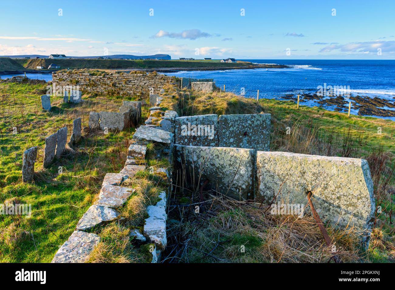 Überreste eines Kriegspunktes mit Blick auf das Pentland Firth, bekannt als die Batterie. In der Nähe des Dorfes Mey, Caithness, Schottland, Großbritannien Stockfoto