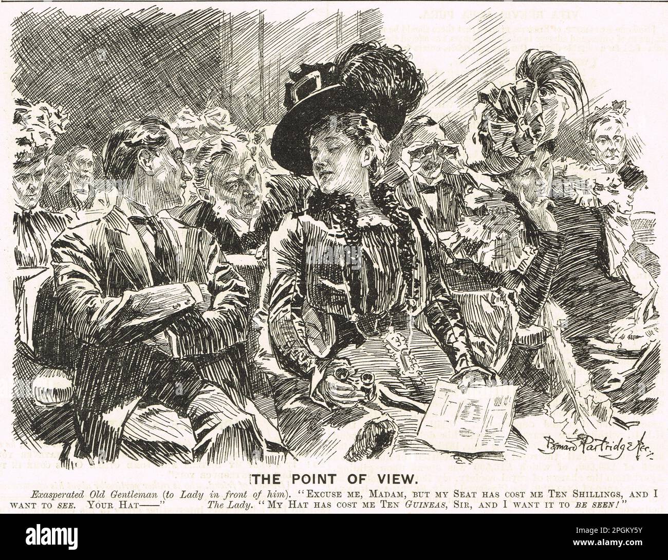Punch Cartoon von 1899 mit dem Titel "The Point of View" von Bernard Partridge. Eine lustige Vorstellung von einem Mann, der eine Frau bittet, ihren Hut zu entfernen, und von ihrer Antwort niedergeschlagen wird. Stockfoto