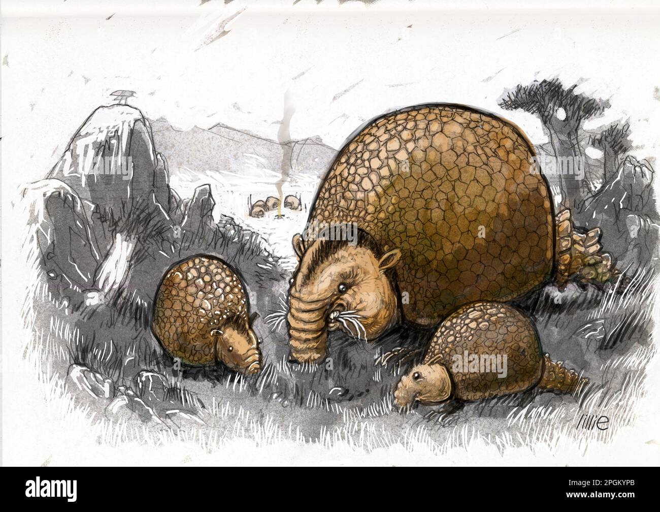Uber den künstlerischen Eindruck von Glyptodon, der Gattung Glyptodont (ausgestorbene Gruppe pflanzenfressender Armadillos), die vom Pleistozän bis zum frühen Holozän lebte. Stockfoto