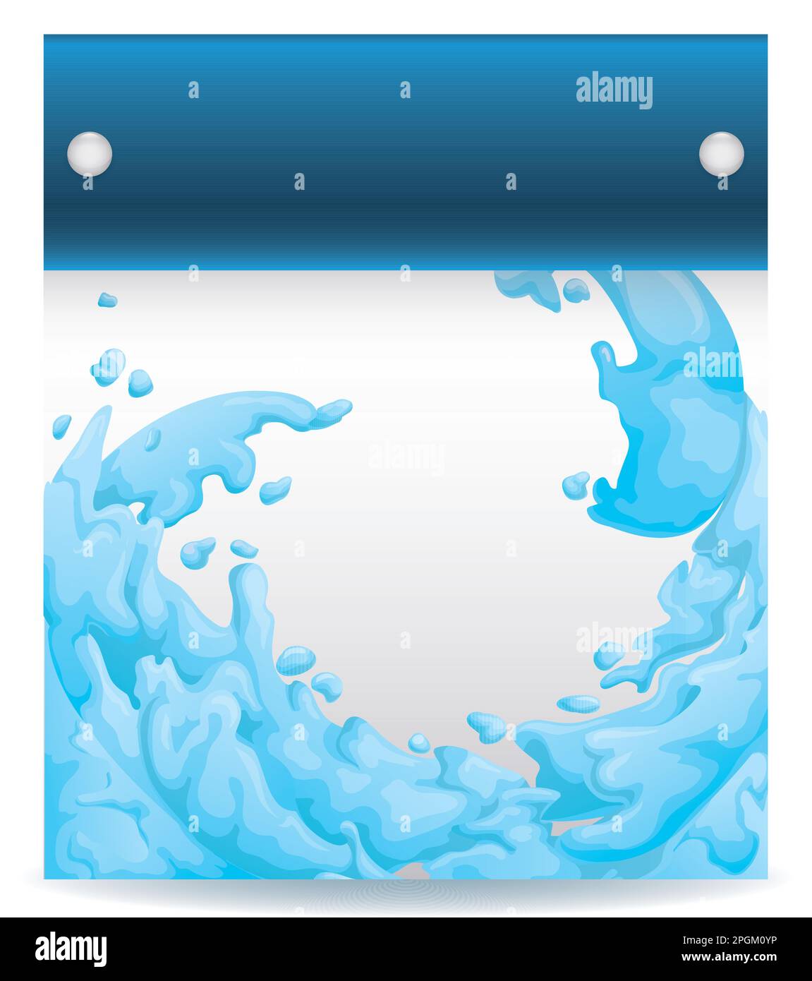 Blaue Kalendervorlage und silberne Broschen, die sich mit einem Wasserstrahl am Boden füllen. Design mit Gradienteneffekt. Stock Vektor