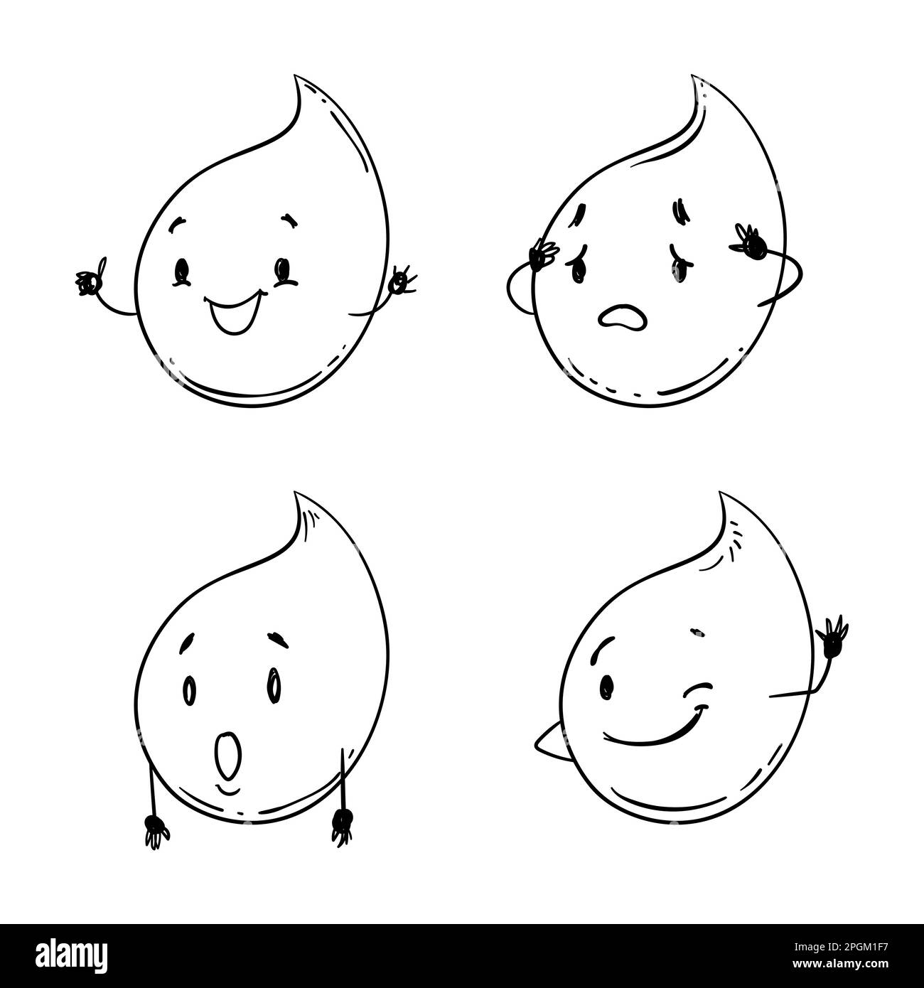 Vier niedliche Tropfen mit Gesicht und Armen in verschiedenen Gesten: Glücklich, besorgt, überrascht und zwinkernd. Design im Doodle-Stil und Umrisse zum Ausmalen von Akti Stock Vektor