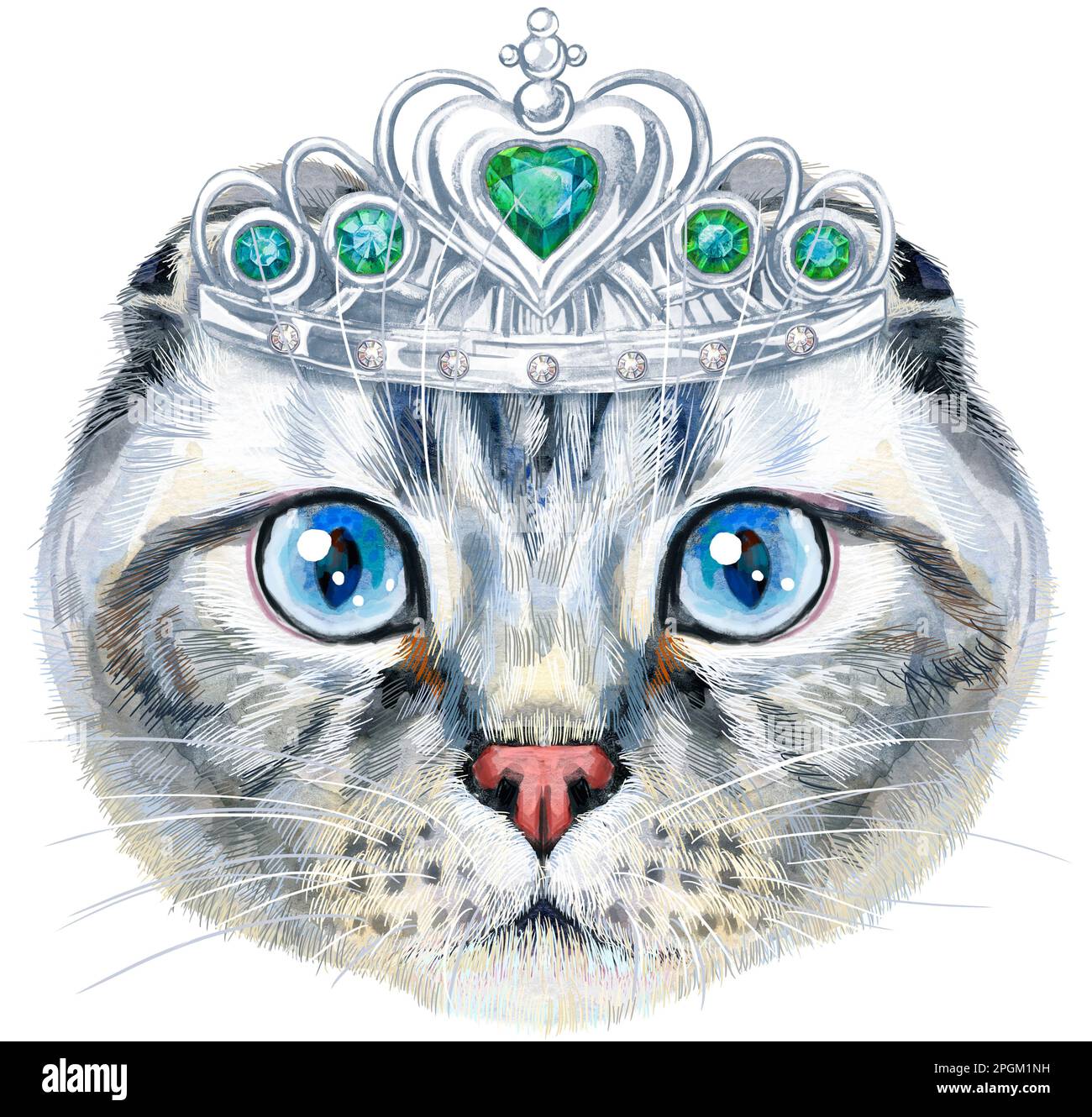 Süße Katze in Silberkrone. Katze für T-Shirt-Grafiken. Aquarell schottische Faltkatzenrasse Illustration Stockfoto