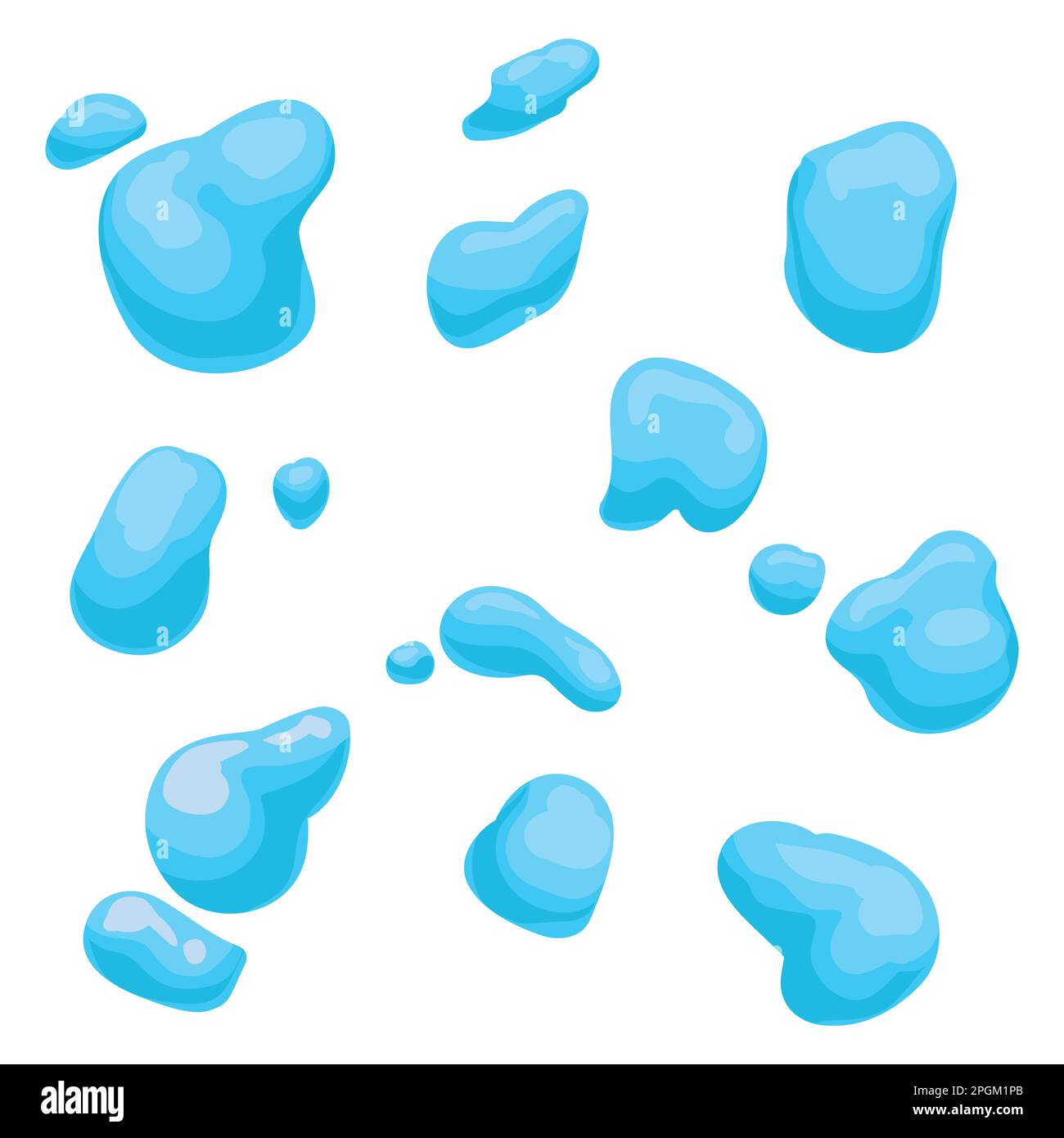 Verschiedene Variationen blauer Tropfen mit unregelmäßigen Formen im Cartoon-Stil. Stock Vektor