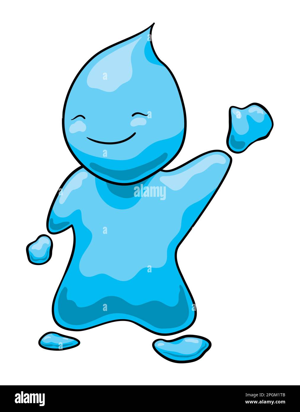 Wässrige blaue Figur mit Hand winkender Geste, hergestellt aus Wasser und Tropfen im Cartoon-Stil. Stock Vektor