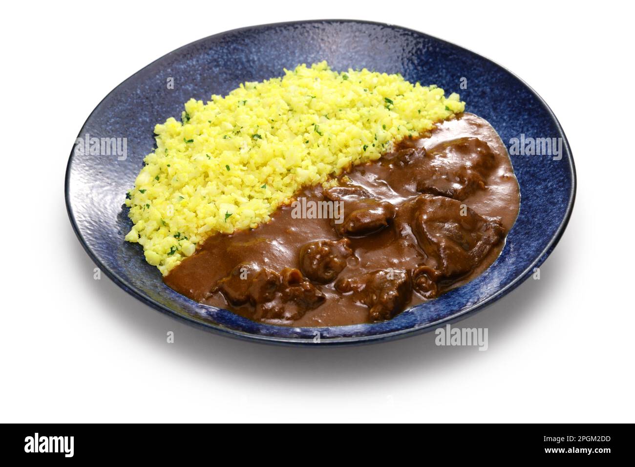 Kurkuma-Blumenkohl-Reis und Rindfleisch-Curry Stockfoto