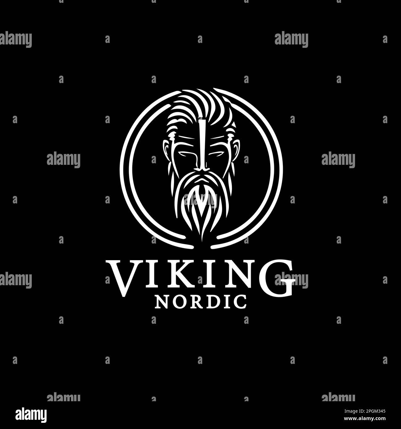 Bärtiges Gesichtszeichen, Viking-Logo-Vorlage, Hipster-Porträtschild, mittelalterliches Handwerker-Maskottchen. Vektordarstellung. Stock Vektor