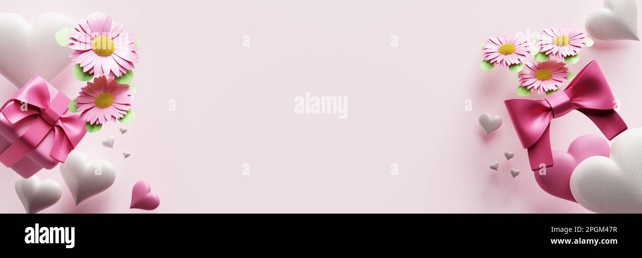 Muttertag-Banner. Geschenkschachteln Blumen Herzen. 3D-Rendering Stockfoto