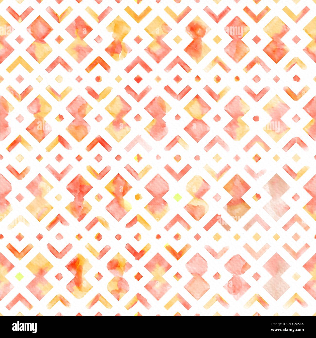 Handgemalte Aquarelle abstrakte komplexe gelbe orange geometrische Fliesen durchgehend nahtloses Muster mit Linien und Rauten Stockfoto
