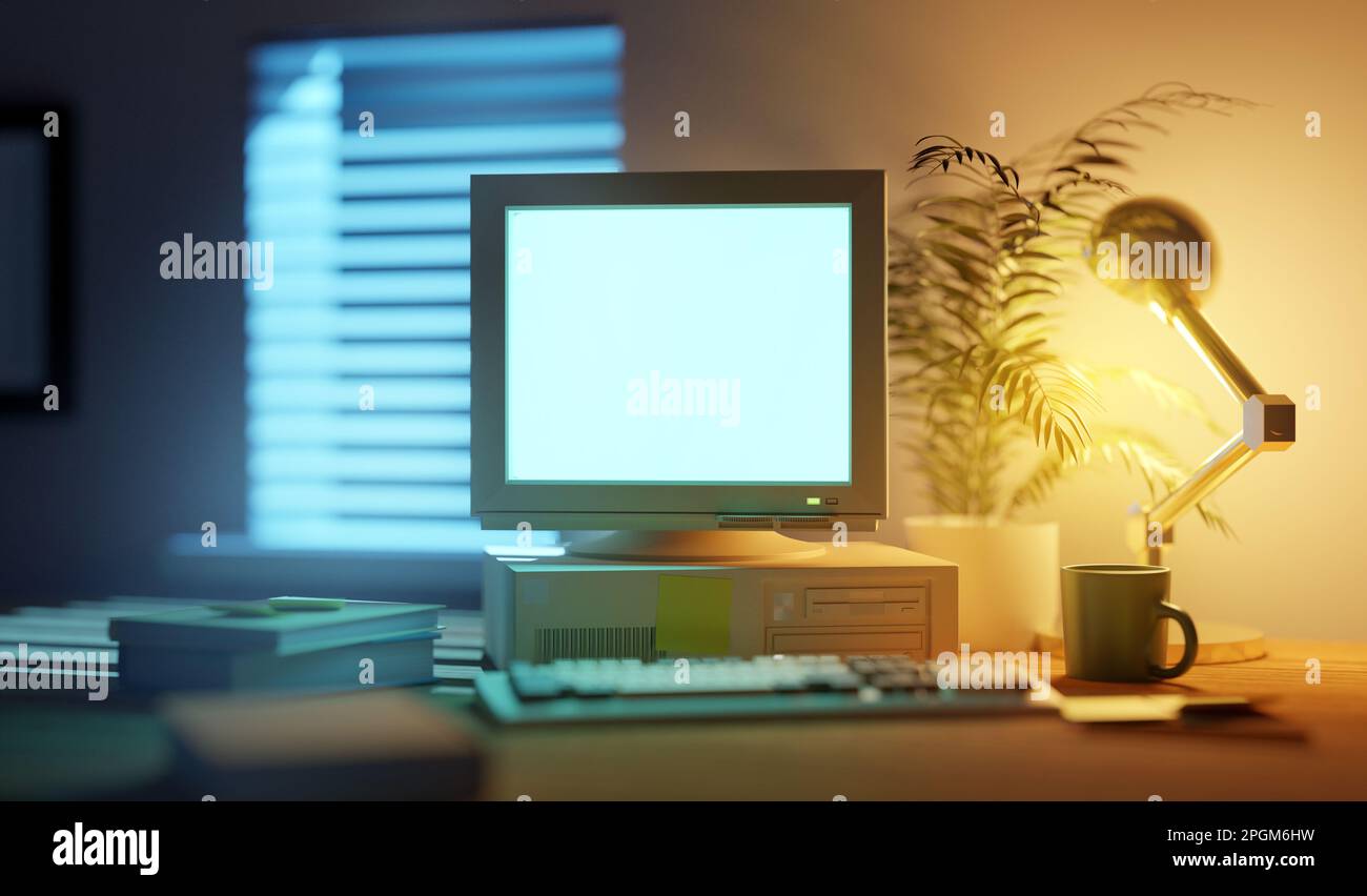Home-Office-Szene mit einem klassischen Desktop-PC aus dem Jahr 1990er. 3D Abbildung Stockfoto