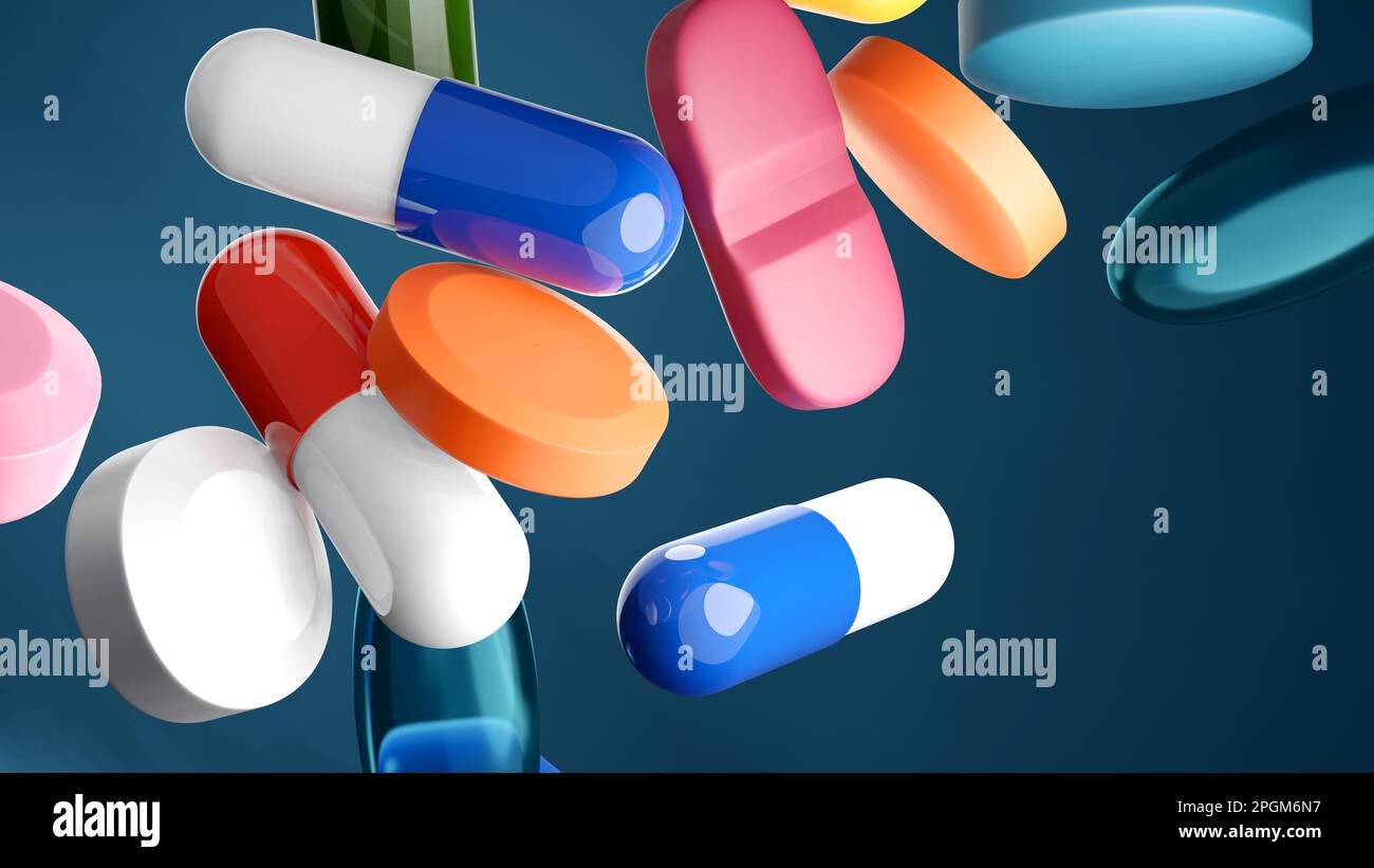 Fallende Medizin Pillen und Kapseln Nahaufnahme. 3D Abbildung. Stockfoto