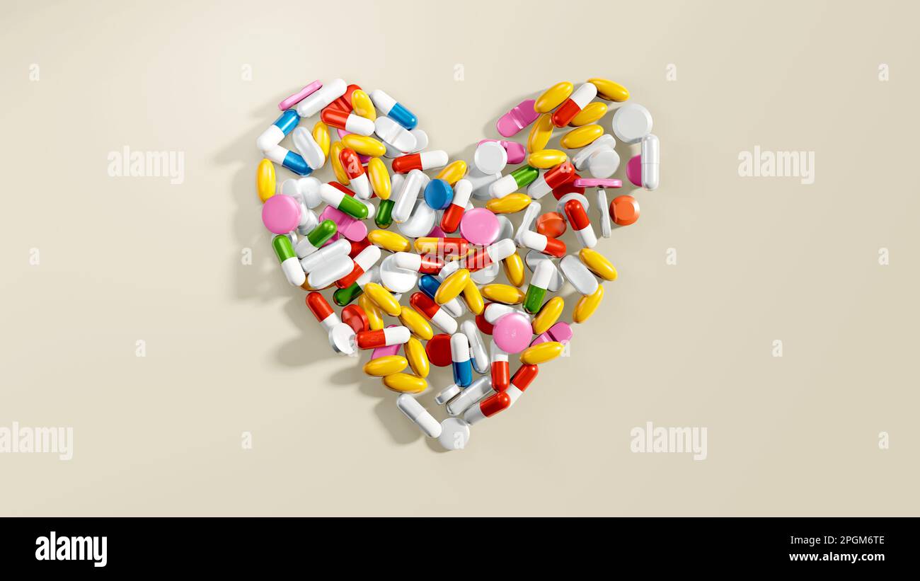 Verschiedene medizinische Gesundheitspillen, Tabletten und Kapseln bilden die Form eines Herzens. 3D Abbildung. Stockfoto