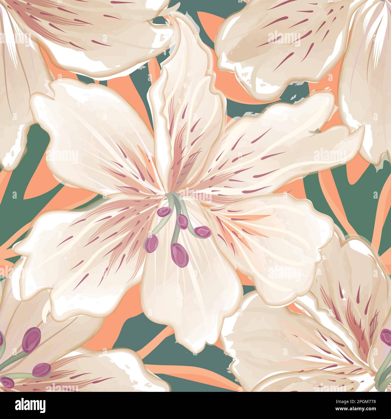 Abstraktes, nahtloses Blumenmuster mit Blumen, Punkten und Blättern. Chaotisch fließende Blüten im Retro-Stil. Punkte und Blumenlotusformen. Stilvolles, künstlerisches Blumendesign Stock Vektor