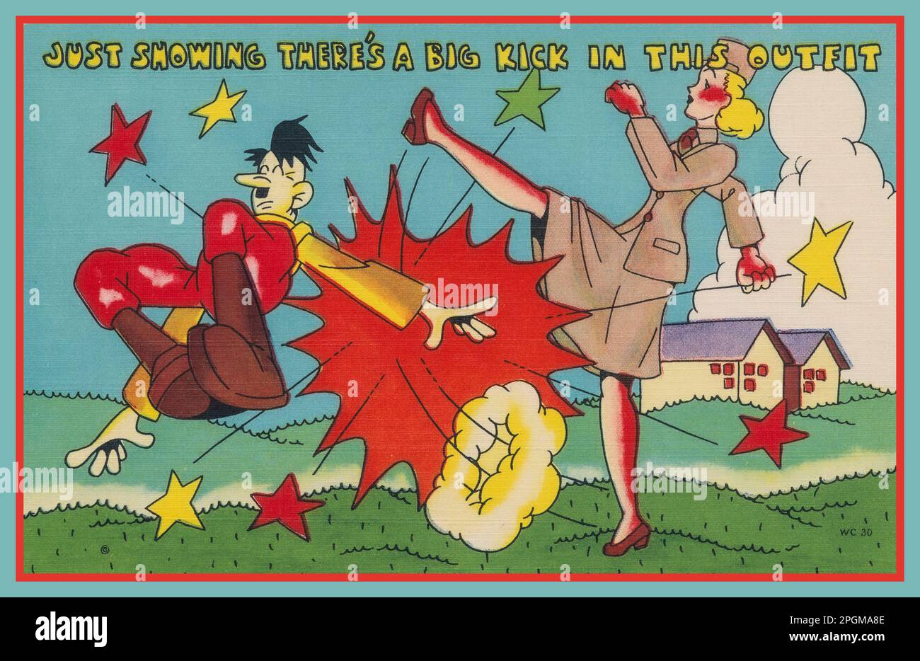 1940er WW2 American Cartoon Propaganda Posterkarte mit Militärangehörigen in Uniform, die eine Karikatur von Adolf Hitler mit dem Titel „Just show there's a big kick in this Outfit“, Zweiter Weltkrieg, Zweiter Weltkrieg, USA, treten Stockfoto
