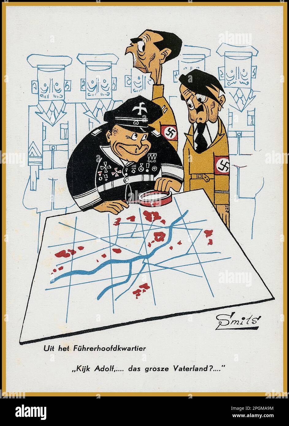 1940er Jahre Adolf Hitler, Joseph Goebbels und Hermann Göring als Nazi-Karikatur-Cartoons, die Hitlers Großdeutschland-Pläne verhöhnten... WW2 World war II Second World war ' vom Hauptquartier des Führers. Sehen Sie sich Adolf, das größere Vaterland an, von dem Künstler Smits, 2. Weltkrieg Stockfoto