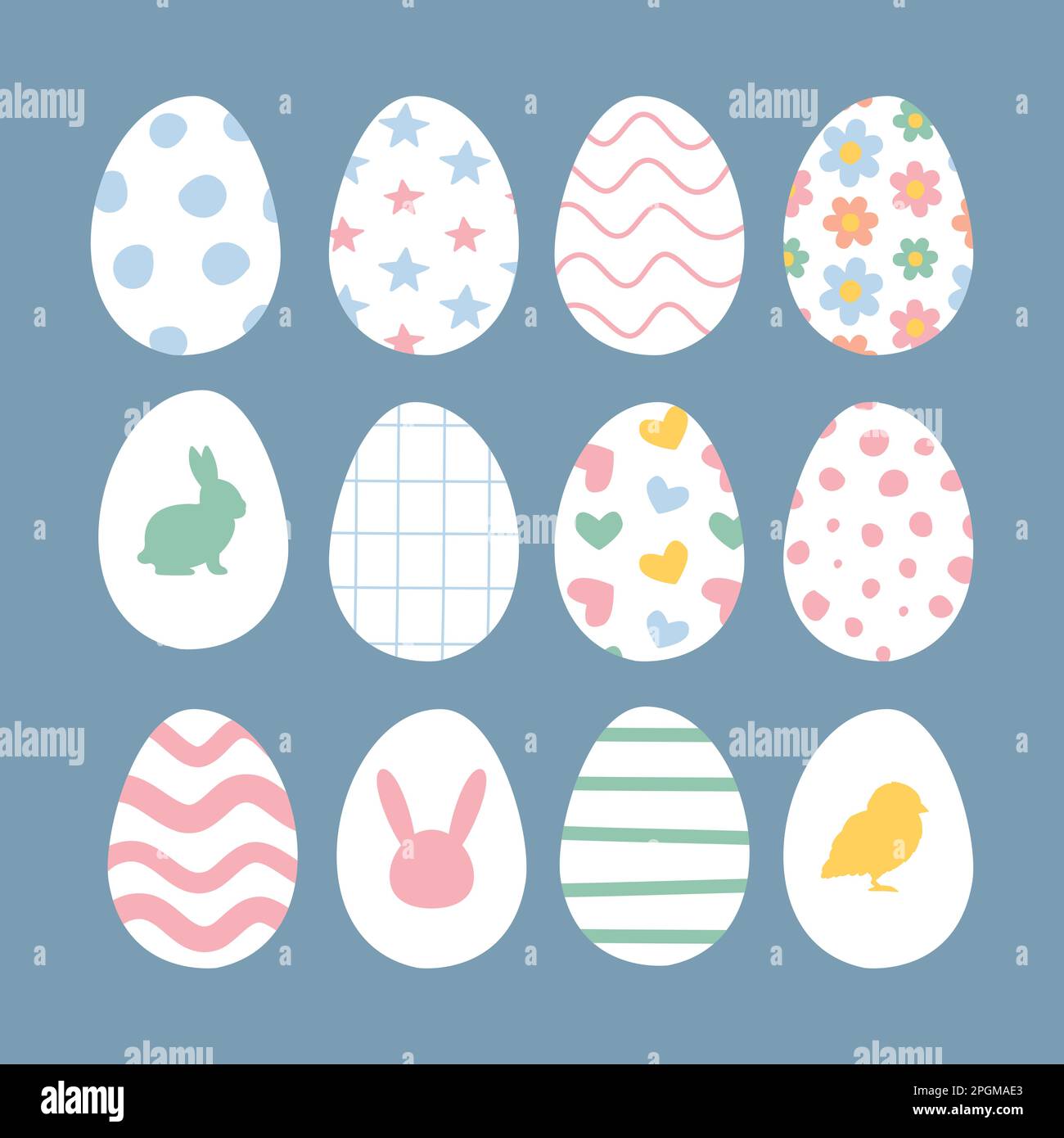 Vektorset handgezogenes flaches Osterei, isoliert auf blauem Hintergrund Stock Vektor