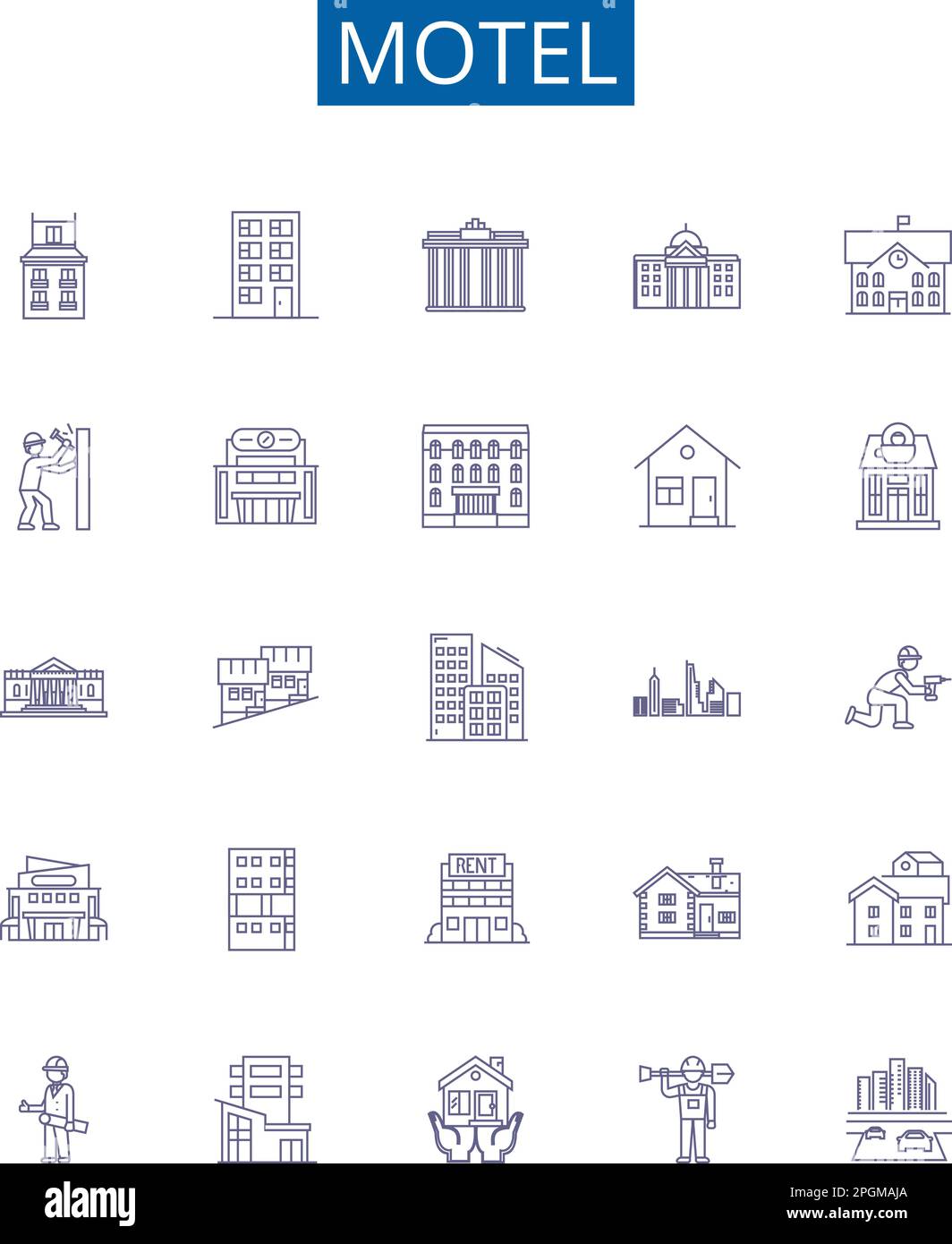 Schilder für Motelline-Symbole. Designkollektion von Unterkunft, Inn, Zwischenstopp, Hostel, Resort, Unterbringung, Übernachtung, Rest-Konzipierungsvektor Stock Vektor