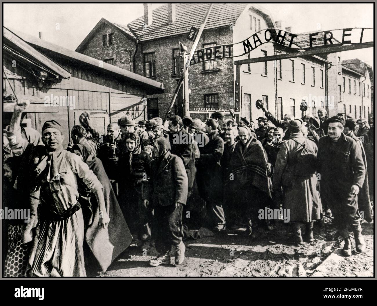 Auschwitz-Birkenau-Häftlinge feiern ihre Befreiung durch russische Truppen der sowjetischen Armee am 26. Januar 1945, hinter ihnen das berüchtigte NS-Vernichtungslager-Eingangsschild „ARBEIT MACHT FREI“. Die Arbeit macht dich frei. Zweiter Weltkrieg der zweite Weltkrieg das ehemalige Nazi-Regime besetzte Polen Stockfoto