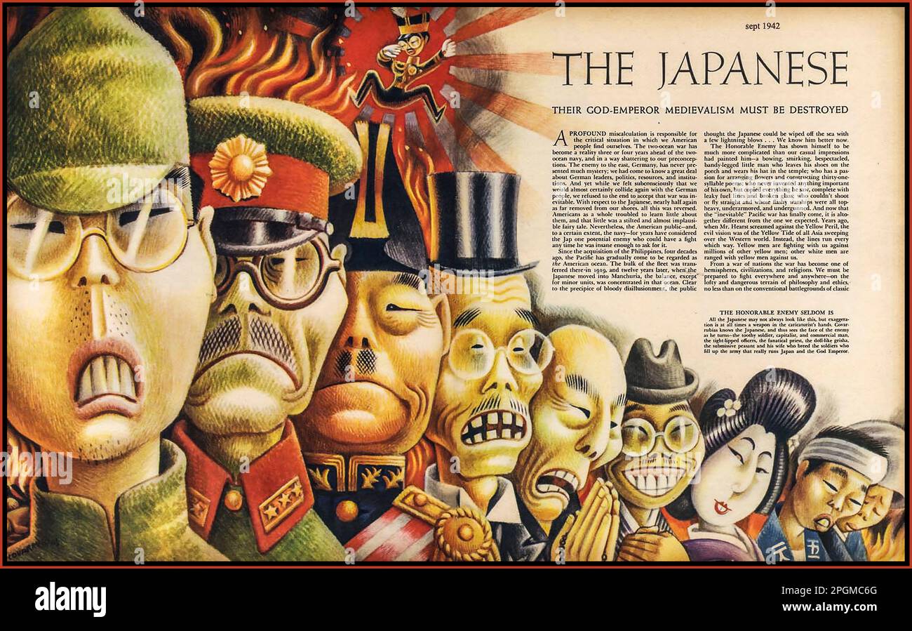 WW2 Anti-Japanisch 1942 Illustration von Miguel Covarrubias mit dem Titel „The Japanese“ für Fortune Magazine. Antijapanische Stimmung im Zweiten Weltkrieg mit stereotypischen Karikaturen eines Querschnitts der Japanischen Gesellschaft. Stockfoto