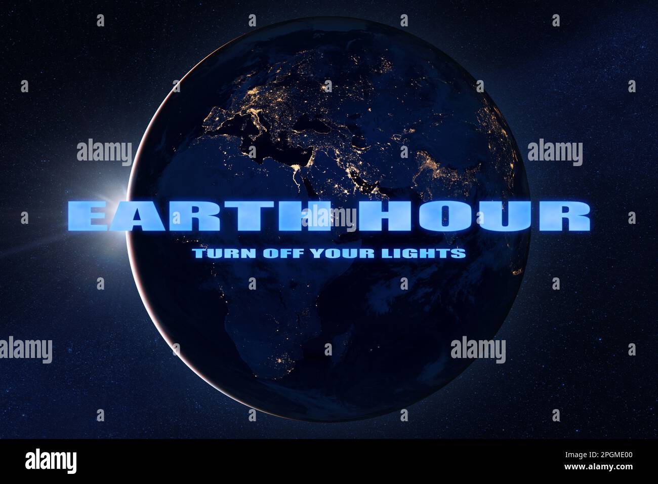 Earth Hour 2023-Veranstaltung. Erdplanet mit Sonnenlicht im Weltraum. Mach das Licht aus. Elemente dieses Bildes, bereitgestellt von der NASA. Stockfoto