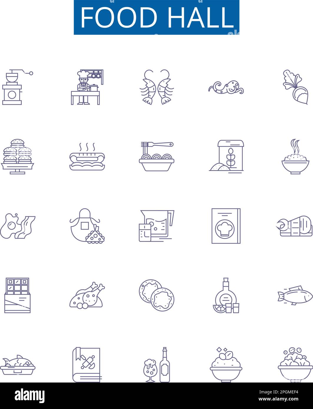 Die Symbole der Essenshalle sind eingezeichnet. Designkollektion von Cafeteria, Delikatessen, Restaurant, Bistro, Eatery, Stall, Küche, Feinkost-Konzept-Vektor Stock Vektor