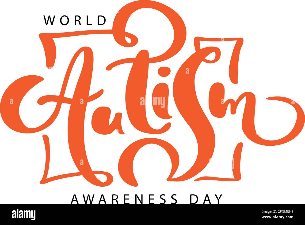 Welttag des Autismus-Bewusstseins Vektor kalligrafisch orange Logo Text Hand Zeichnen kalligrafischer Buchstaben. Für Banner, Plakate, Grußkarten für soziale Medien Stock Vektor