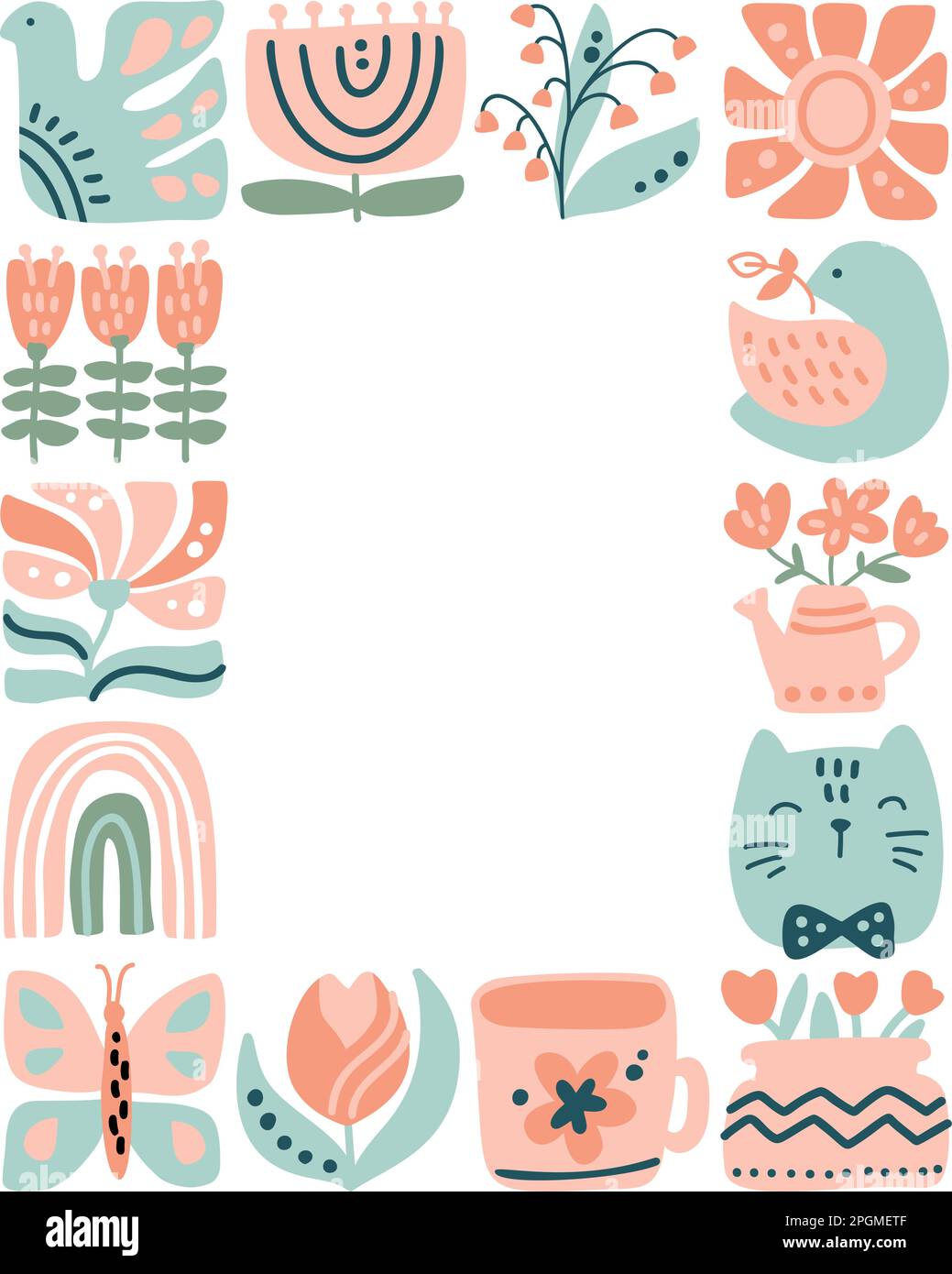 Vector Spring Ethnic Logo Composition pattern frame Fliesenmosaik von Vogel, Blume, Blatt, Erdbeere und Zweig. Süßes Bo-Ho-Bild in Hand gezeichnet Stock Vektor
