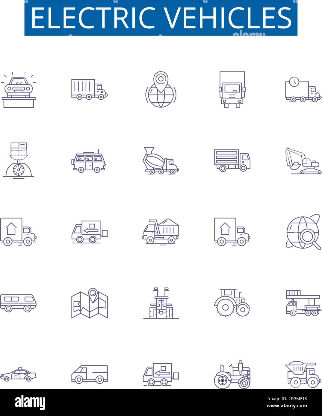 Symbole für elektrische Fahrzeuge Zeichen eingestellt. Designkollektion von Elektro, Fahrzeugen, Elektrofahrzeugen, Batterien, Hybridfahrzeugen, Netzanschluss, Stromversorgung, Konzipierung des Ladevorgangs Stock Vektor