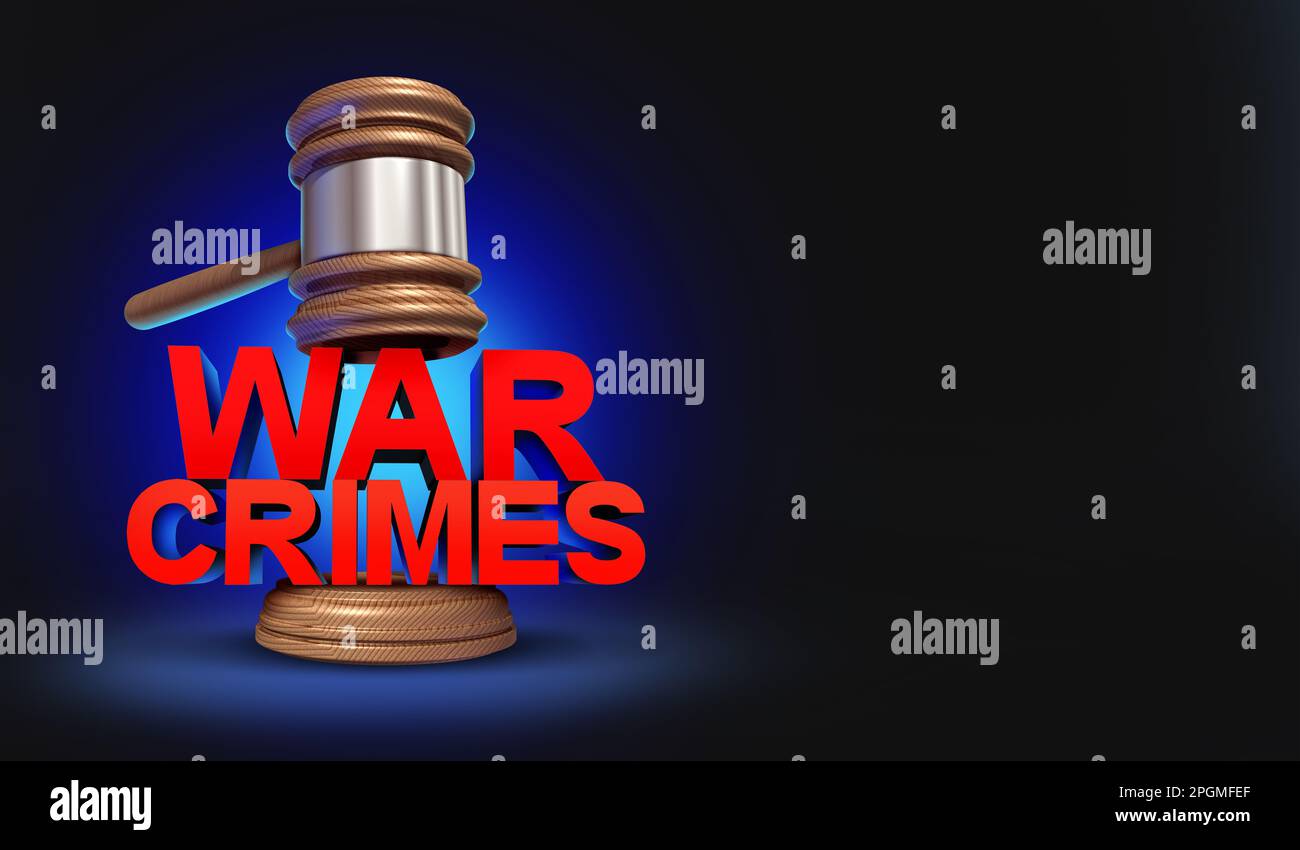 Kriegsverbrechen und internationaler Strafgerichtshof als globale Kriegsgesetze und strafrechtliche Behandlung von Gefangenen oder unmenschliche Handlungen während Kriegen Stockfoto