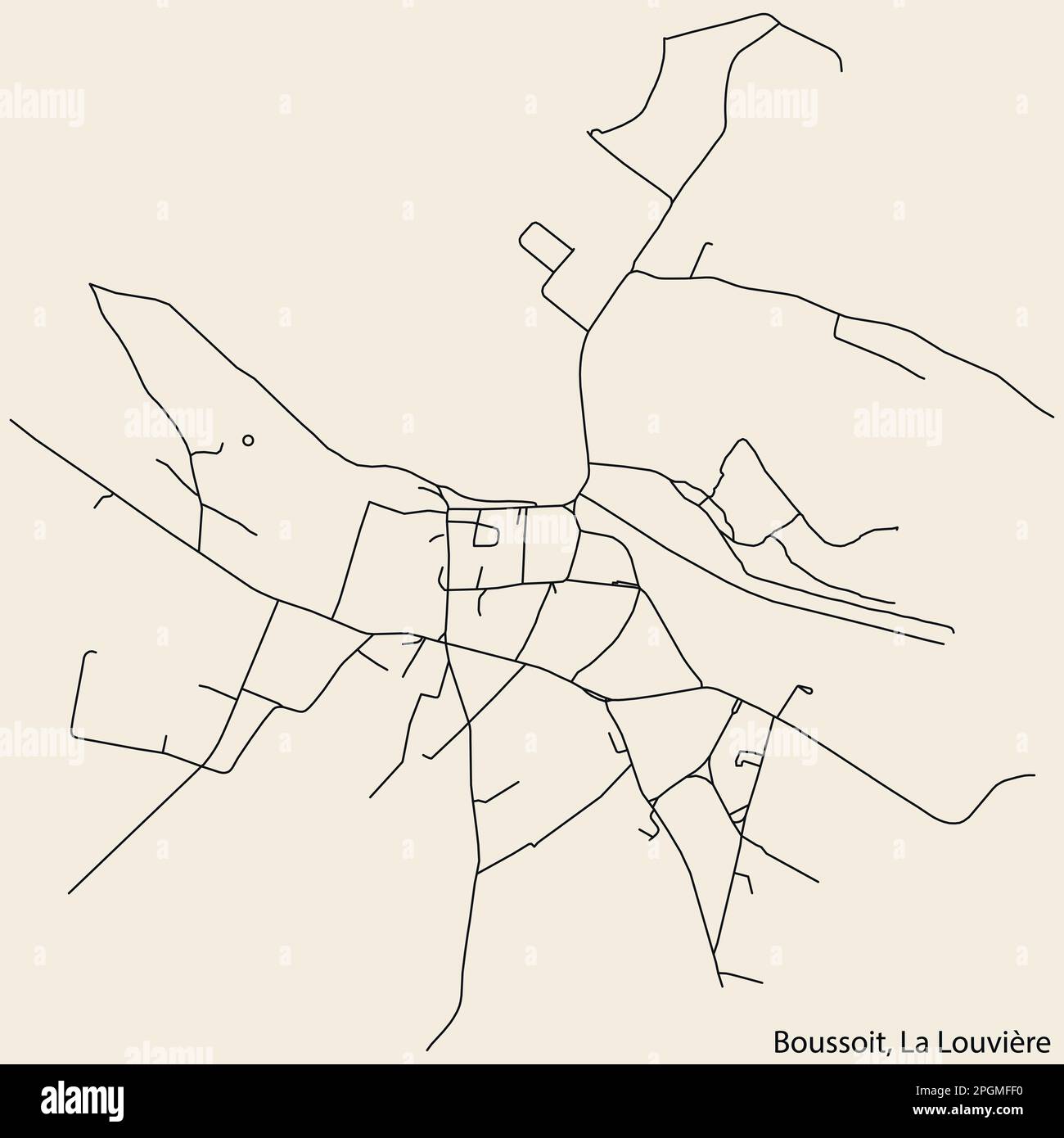 Detaillierte handgezeichnete Straßenkarte der Stadt BOUSSOIT der belgischen Stadt LA LOUVIÈRE, Belgien, mit lebhaften Straßenlinien Stock Vektor
