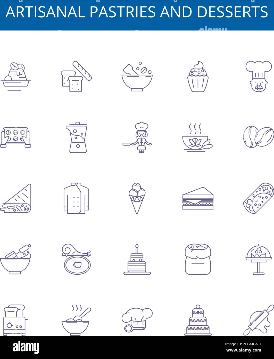 Handwerklich hergestelltes Gebäck und Desserts stehen auf Symbolschildern. Design-Sammlung von Konfektionen, Gebäck, Desserts, handwerklich, gebacken, Kuchen, Cupcakes, Süßigkeiten Stock Vektor