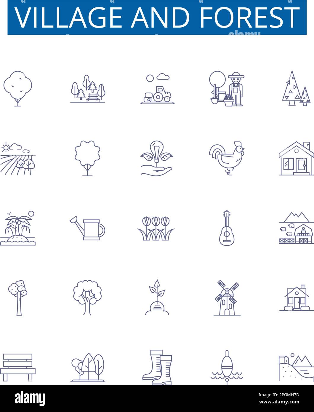 Schilder für Dorf- und Waldlinien sind eingerichtet. Design-Sammlung von Village, Forest, Rural, Landscape, Nature, Bäume, Wiesen, Farmen bilden den Konzeptvektor Stock Vektor