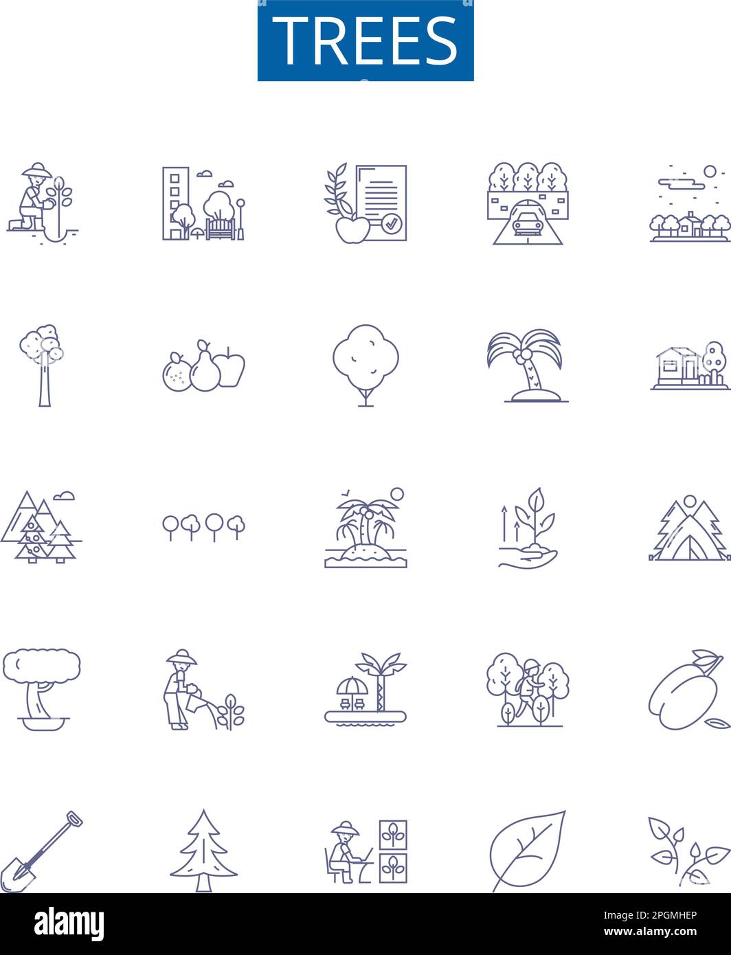 Symbole für Baumlinien sind eingestellt. Designkollektion aus Baum, Nadelholz, Holz, Kiefer, Eiche, Maple-, Palm-, Cedar-Kontur-Vektordarstellungen Stock Vektor