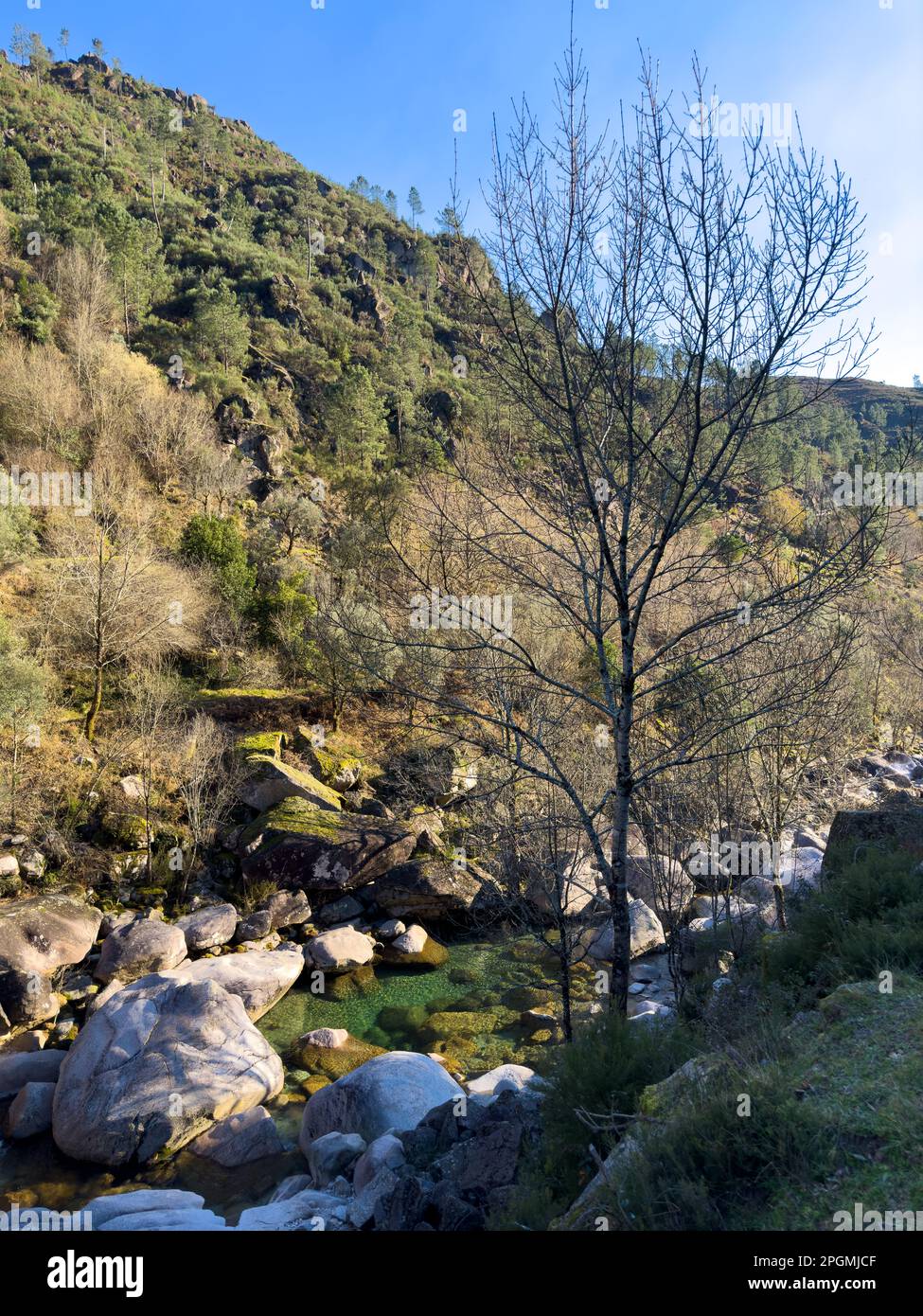 Wasserlauf in der Nähe des Wasserfalls Fecha de Barjas (auch bekannt als Tahiti-Wasserfall) in den Bergen des Peneda-Geres-Nationalparks, Portugal. Stockfoto