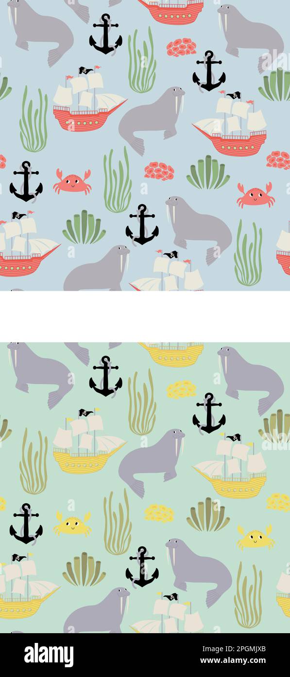 Vektor nahtlose Muster mit Walross, Schiff, Krabbe, Anker, Algen.Unterwasserzeichentrickfilm Kreaturen.Marine Hintergrund.Süße Ozean-Muster für Stoff Stock Vektor