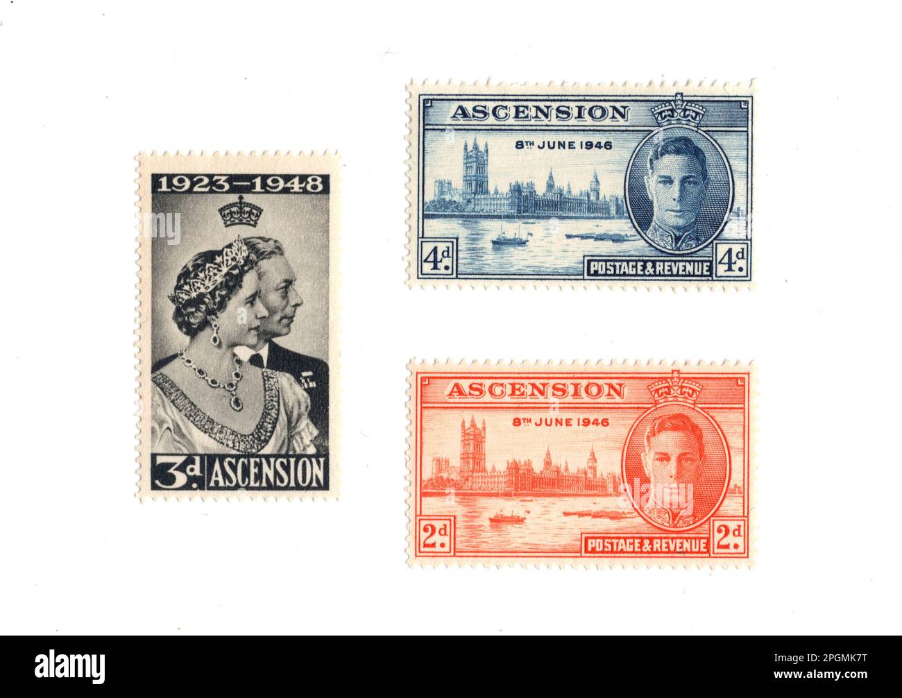 Klassische Briefmarken aus Ascension, isoliert auf weißem Hintergrund. Stockfoto